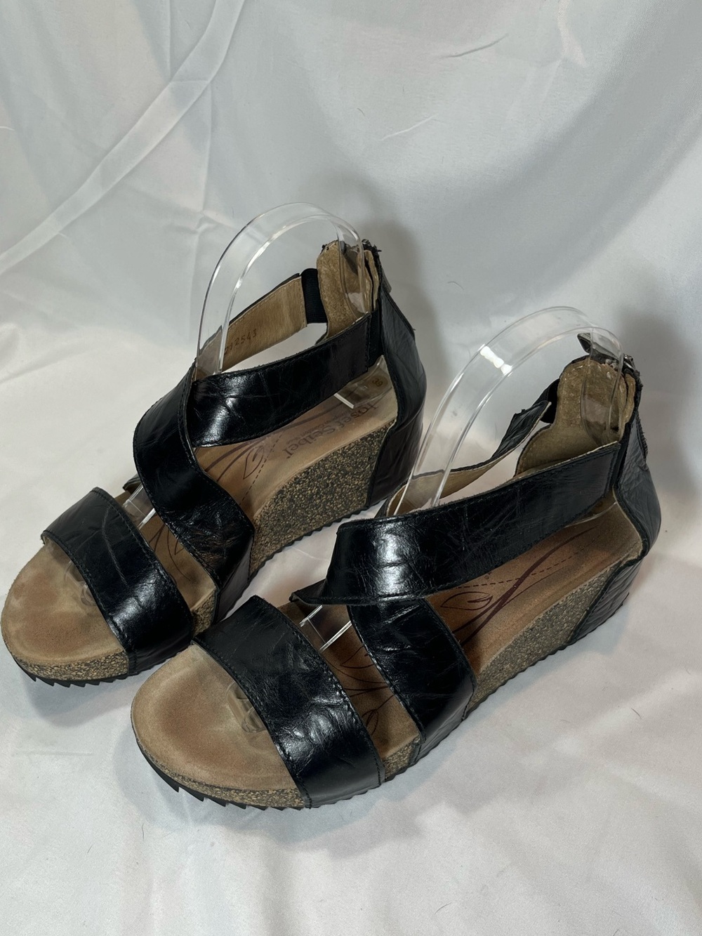 Josef Seibel Black Leather Crisscross Cork Wedge Sandals